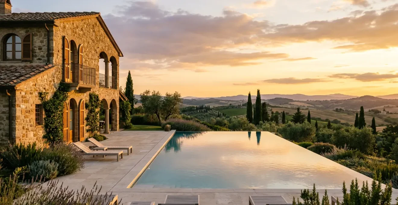 Villa di lusso italiana con piscina infinity che si affaccia su colline toscane