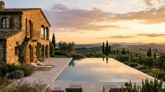 Villa di lusso italiana con piscina infinity che si affaccia su colline toscane