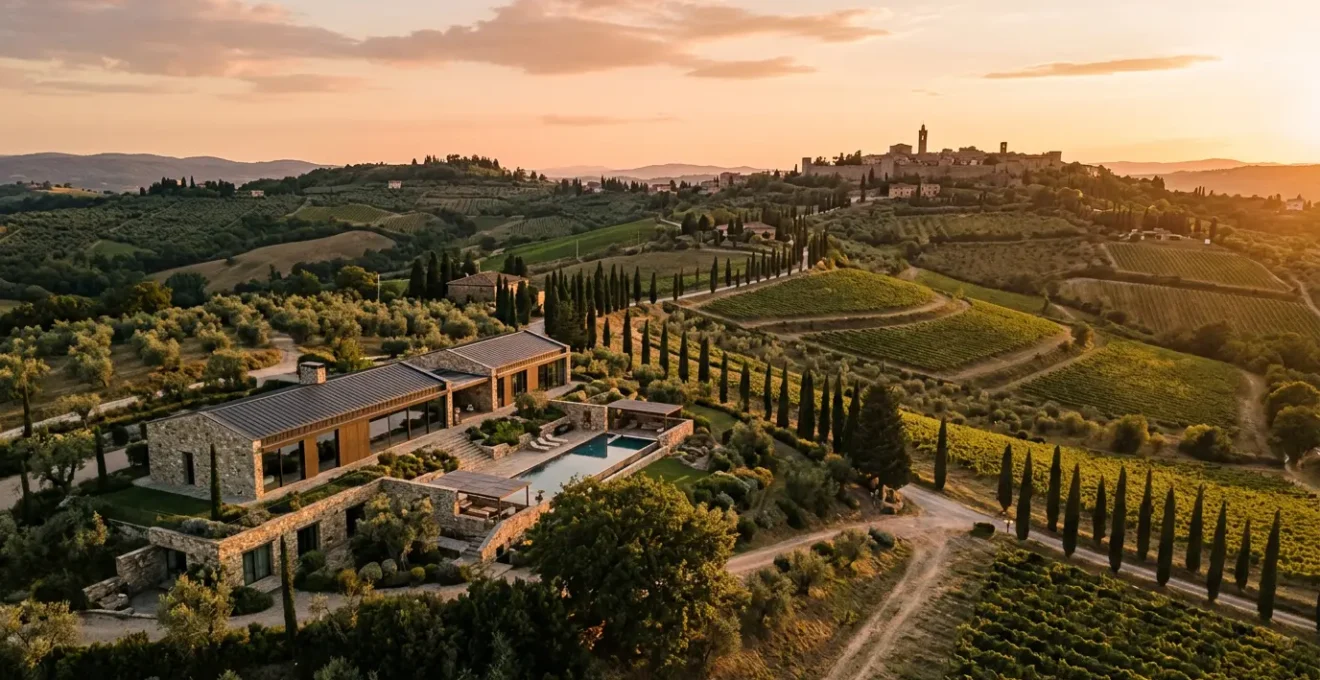 Vista panoramica di una villa di prestigio italiana perfettamente integrata nel paesaggio collinare al tramonto