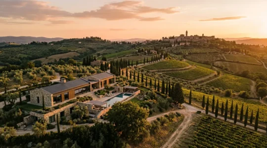 Vista panoramica di una villa di prestigio italiana perfettamente integrata nel paesaggio collinare al tramonto