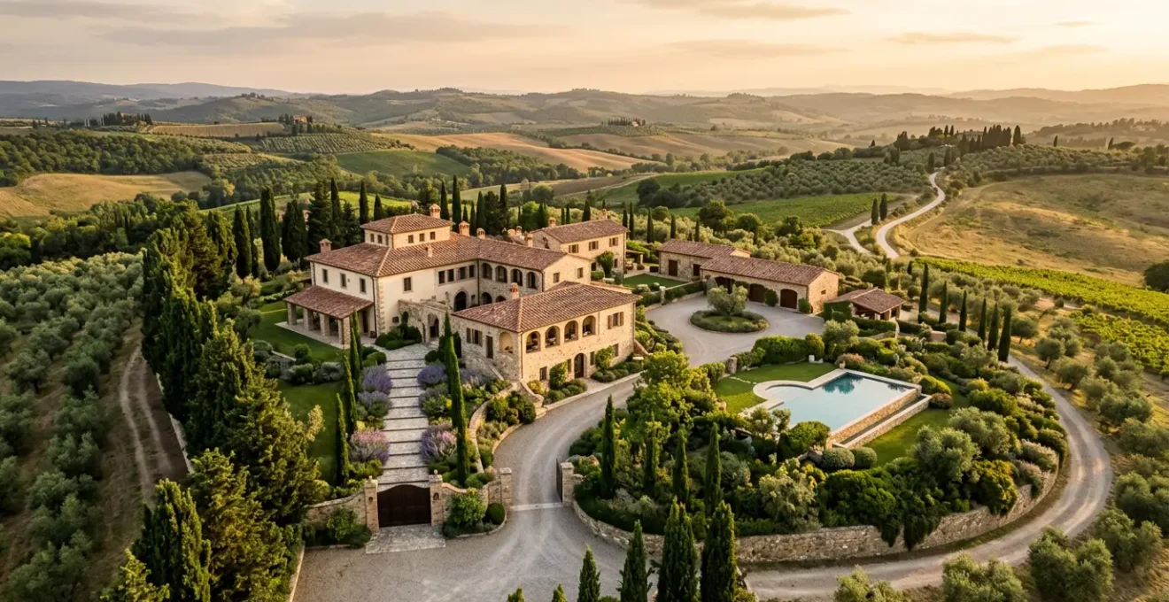 Vista aerea di una villa di lusso italiana con giardino al tramonto, architettura elegante senza elementi di sicurezza visibili