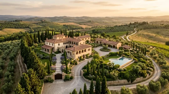 Vista aerea di una villa di lusso italiana con giardino al tramonto, architettura elegante senza elementi di sicurezza visibili