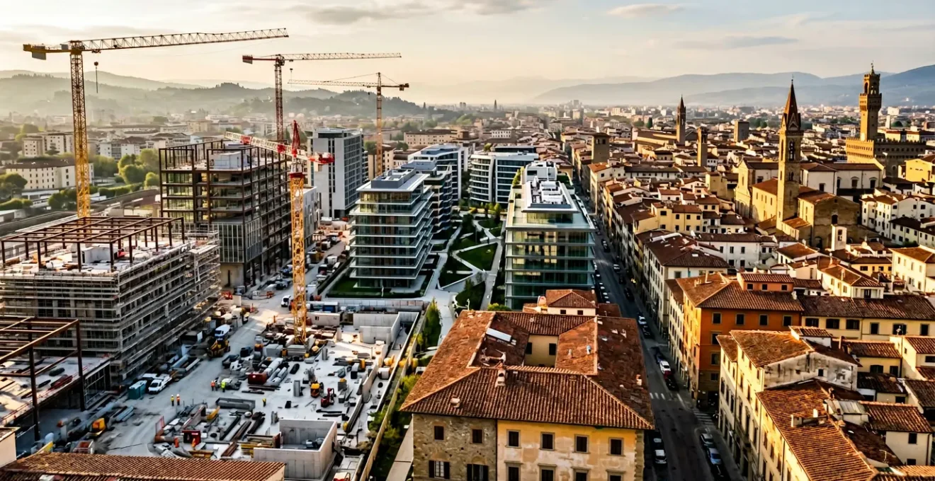 Vista aerea di quartiere italiano in trasformazione con cantieri e nuove costruzioni moderne accanto a edifici storici