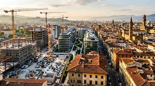 Vista aerea di quartiere italiano in trasformazione con cantieri e nuove costruzioni moderne accanto a edifici storici