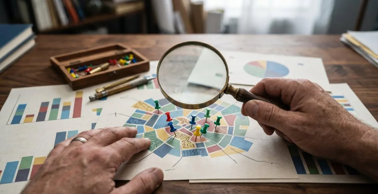 Mani che analizzano grafici e mappe demografiche su una scrivania in legno