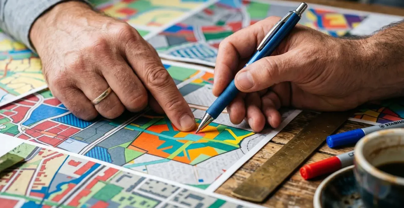 Tavolo di lavoro con mappe urbanistiche e documenti PGT aperti, mani che indicano zone di trasformazione