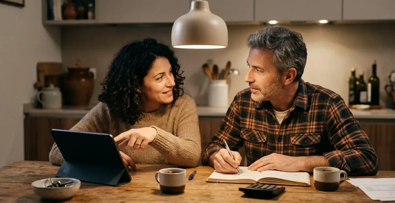 Analisi del budget familiare con documenti finanziari e calcolatrice