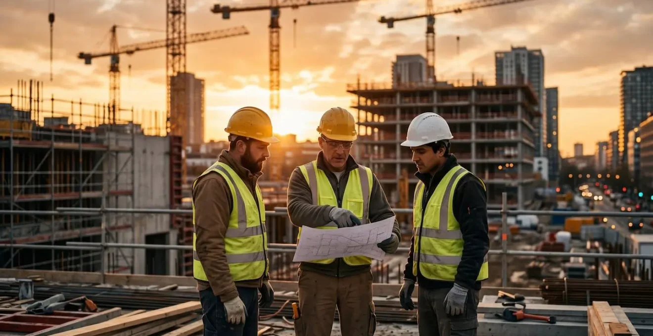 Vista di un cantiere urbano con gru e operai al lavoro, edifici in costruzione al tramonto