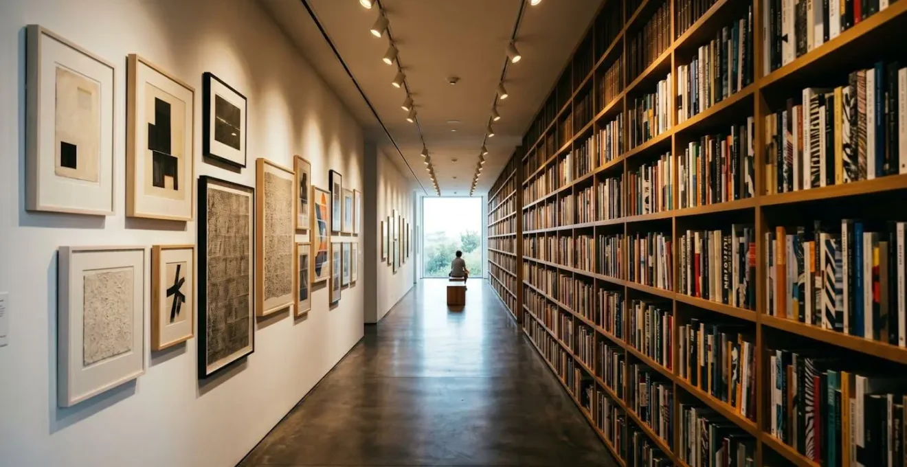 Corridoio trasformato in elegante libreria-galleria con illuminazione d'accento e prospettiva profonda