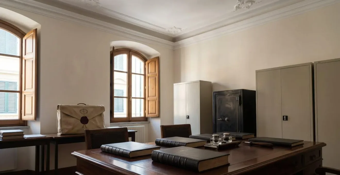 Studio notarile italiano con documenti e cassaforte sullo sfondo