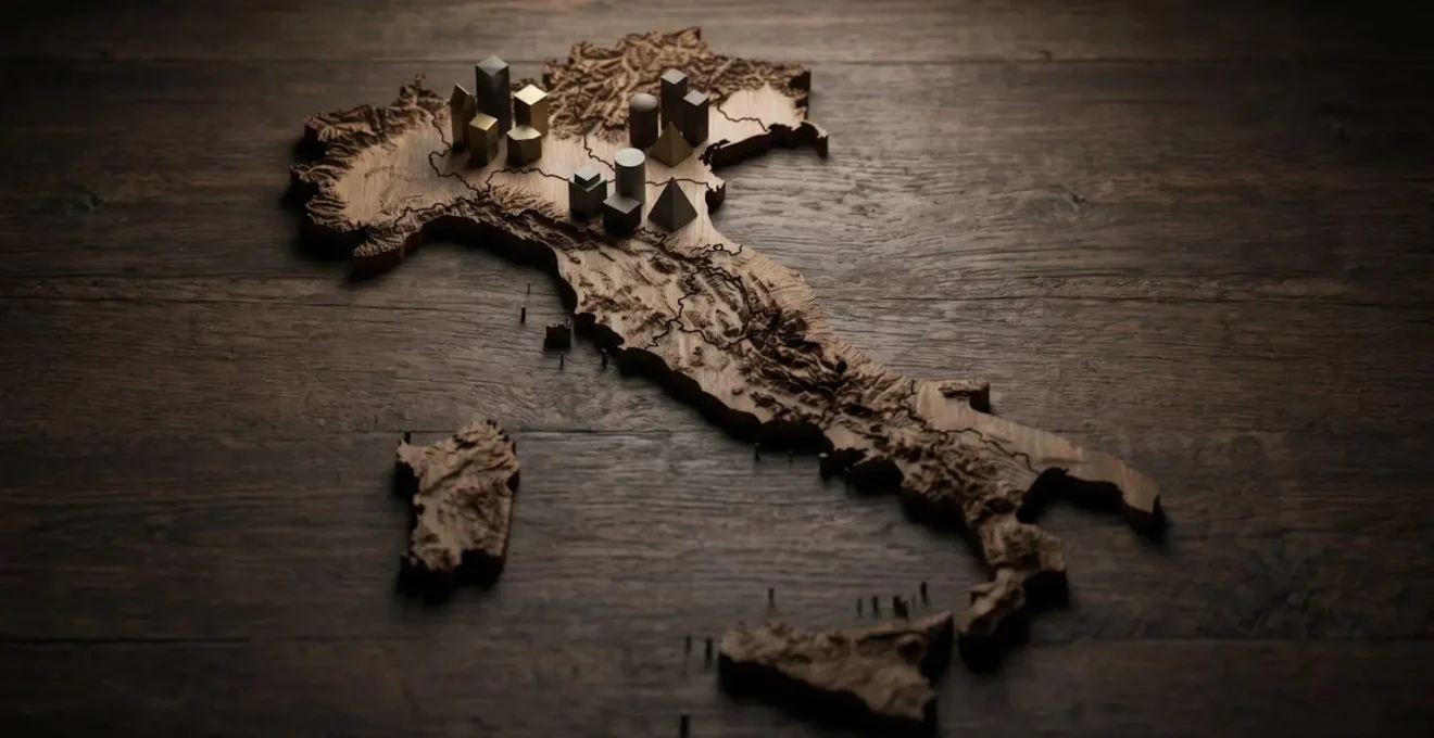 Mappa stilizzata dell'Italia con punti luminosi che rappresentano investimenti immobiliari diversificati