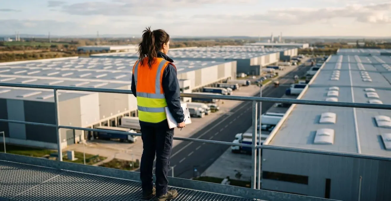 Vista aerea di moderni magazzini logistici e centri distribuzione nel Nord Italia