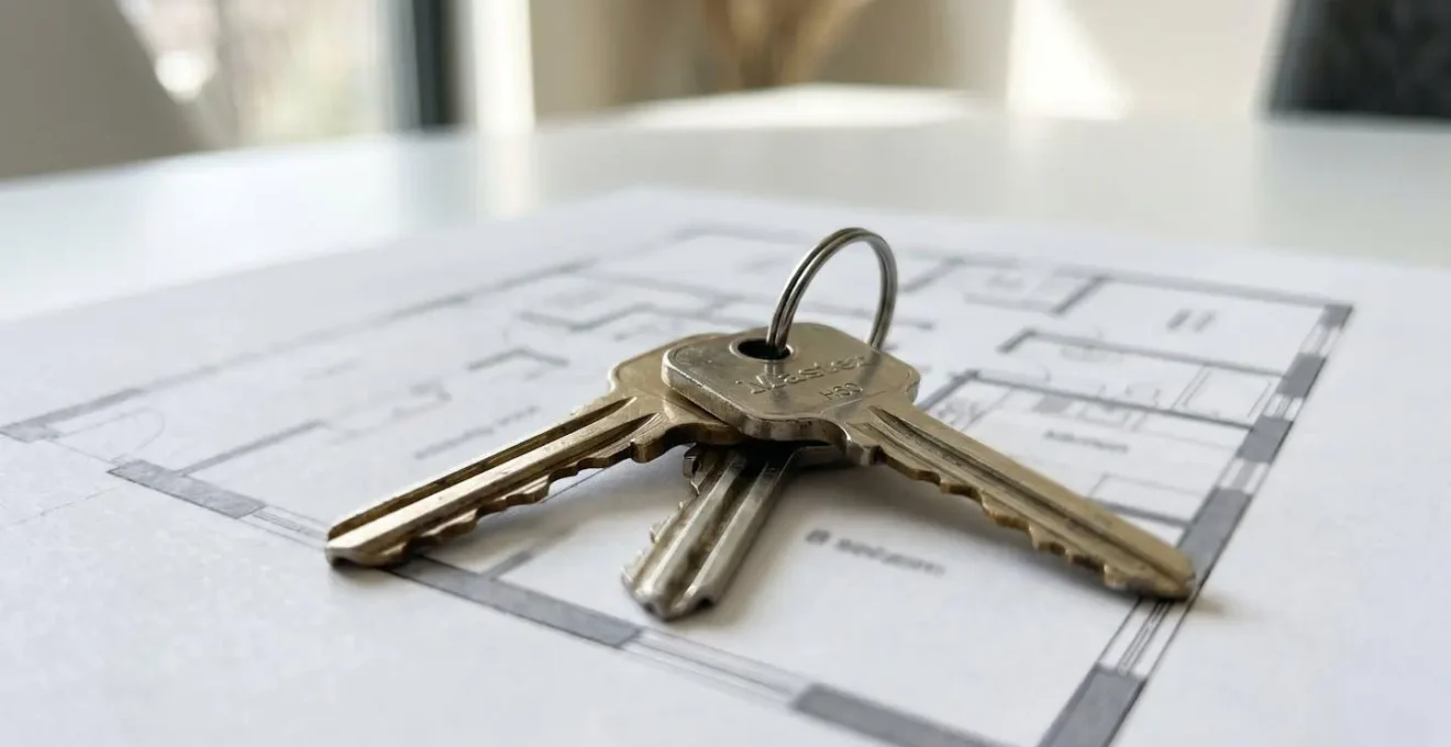 Primo piano ravvicinato di chiavi di casa posate su una planimetria architettonica o contratto immobiliare con testo completamente sfocato e illeggibile, superficie pulita moderna, texture dettagliata delle chiavi in metallo