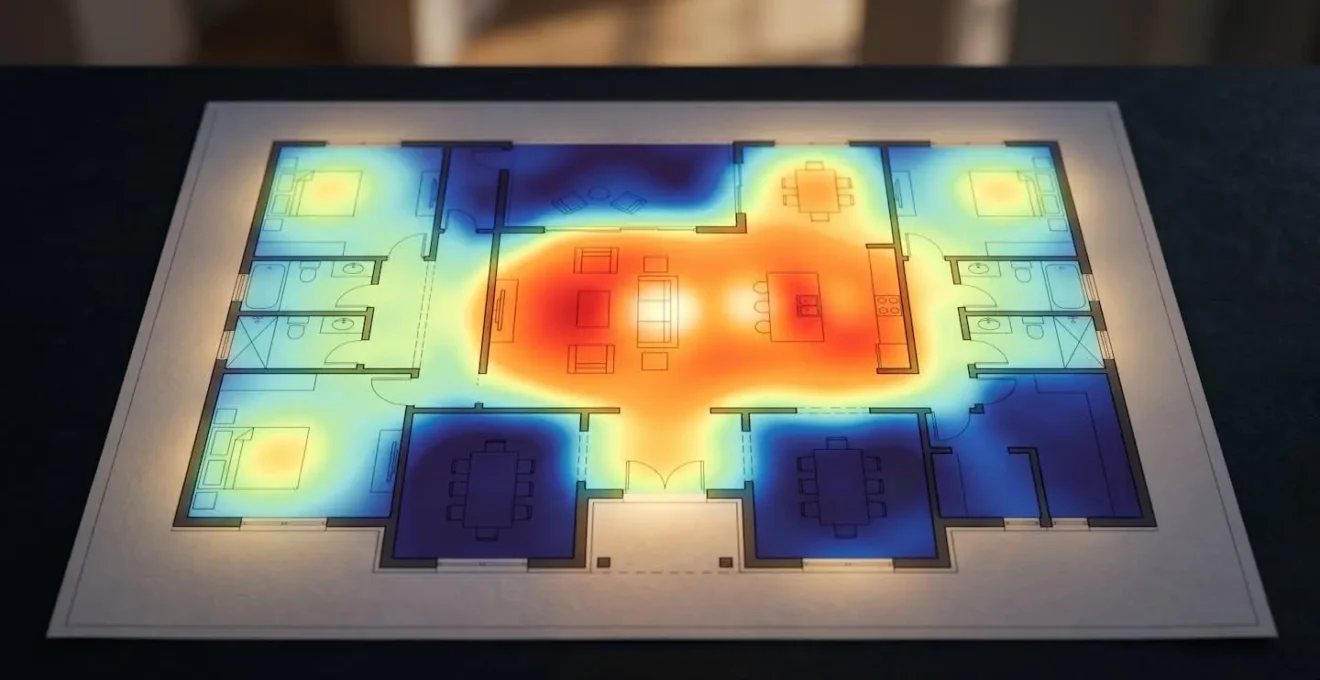 Rappresentazione visiva della mappatura termica degli spazi di una villa con zone colorate per intensità d'uso