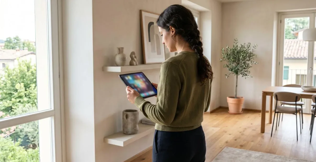 Persona vista di spalle consulta un tablet con schermata di dati immobiliari completamente sfocata, seduta in un ambiente domestico moderno italiano illuminato da luce naturale proveniente da una finestra