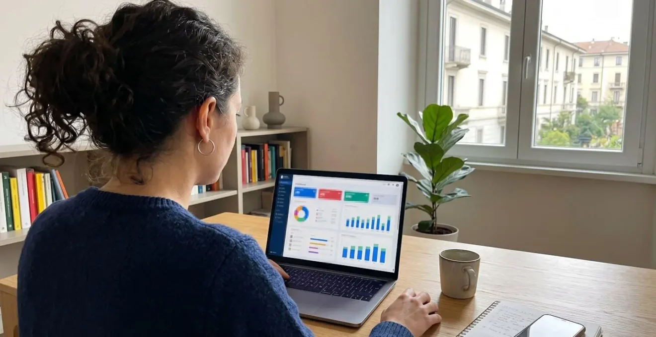 Vista da dietro le spalle di una professionista che analizza grafici comparativi su un laptop in un ufficio domestico luminoso