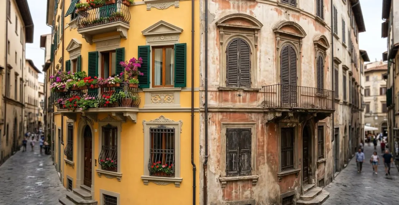 Facciata di palazzo storico italiano con segni di abbandono accanto a edificio ristrutturato