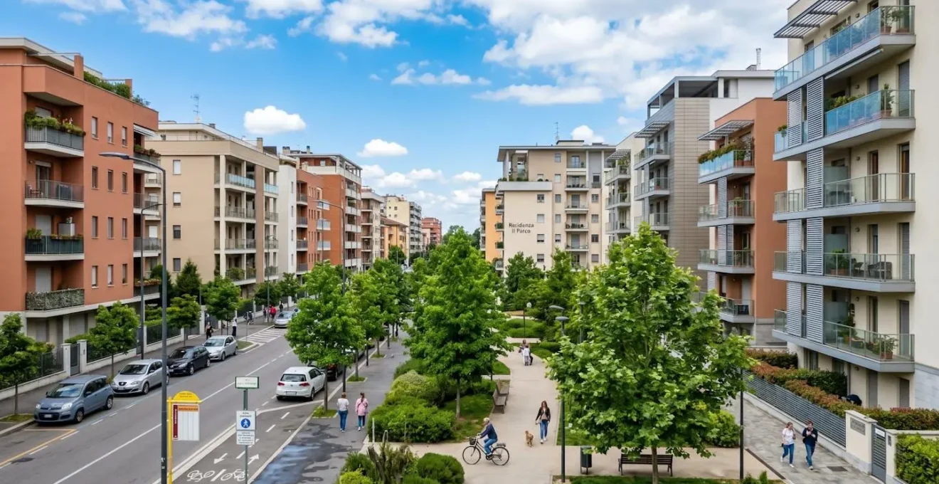 Vista di un quartiere residenziale italiano con edifici contemporanei degli anni 2000, spazi verdi curati e architettura moderna sotto una luminosa luce naturale