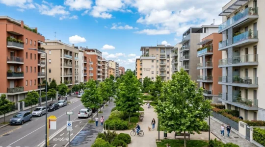 Vista di un quartiere residenziale italiano con edifici contemporanei degli anni 2000, spazi verdi curati e architettura moderna sotto una luminosa luce naturale