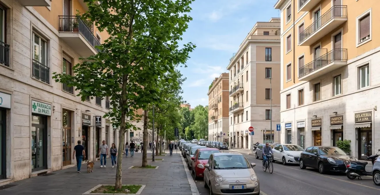 Strada residenziale pulita nel quartiere Prati di Roma con palazzi europei contemporanei e marciapiedi alberati