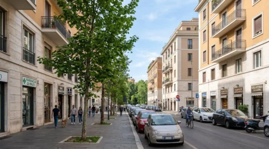 Strada residenziale pulita nel quartiere Prati di Roma con palazzi europei contemporanei e marciapiedi alberati