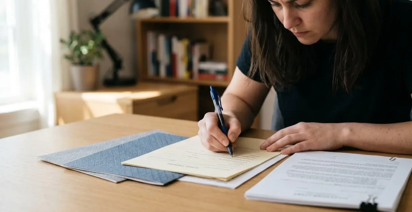 Persona che compila un modulo di richiesta CRIF su una scrivania con documenti finanziari.