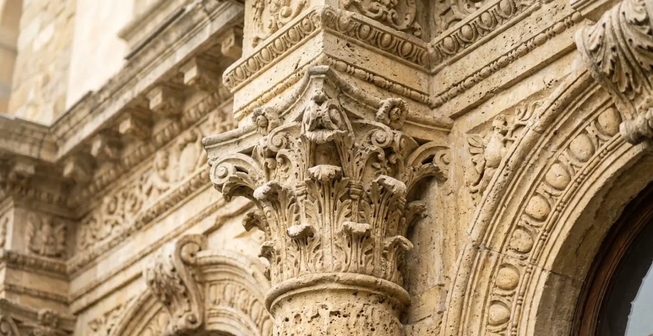 Dettaglio architettonico di una villa storica con elementi decorativi in pietra che nascondono sistemi di sicurezza