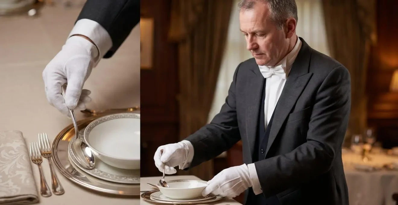 Maggiordomo professionale in uniforme elegante che serve in ambiente residenziale di lusso