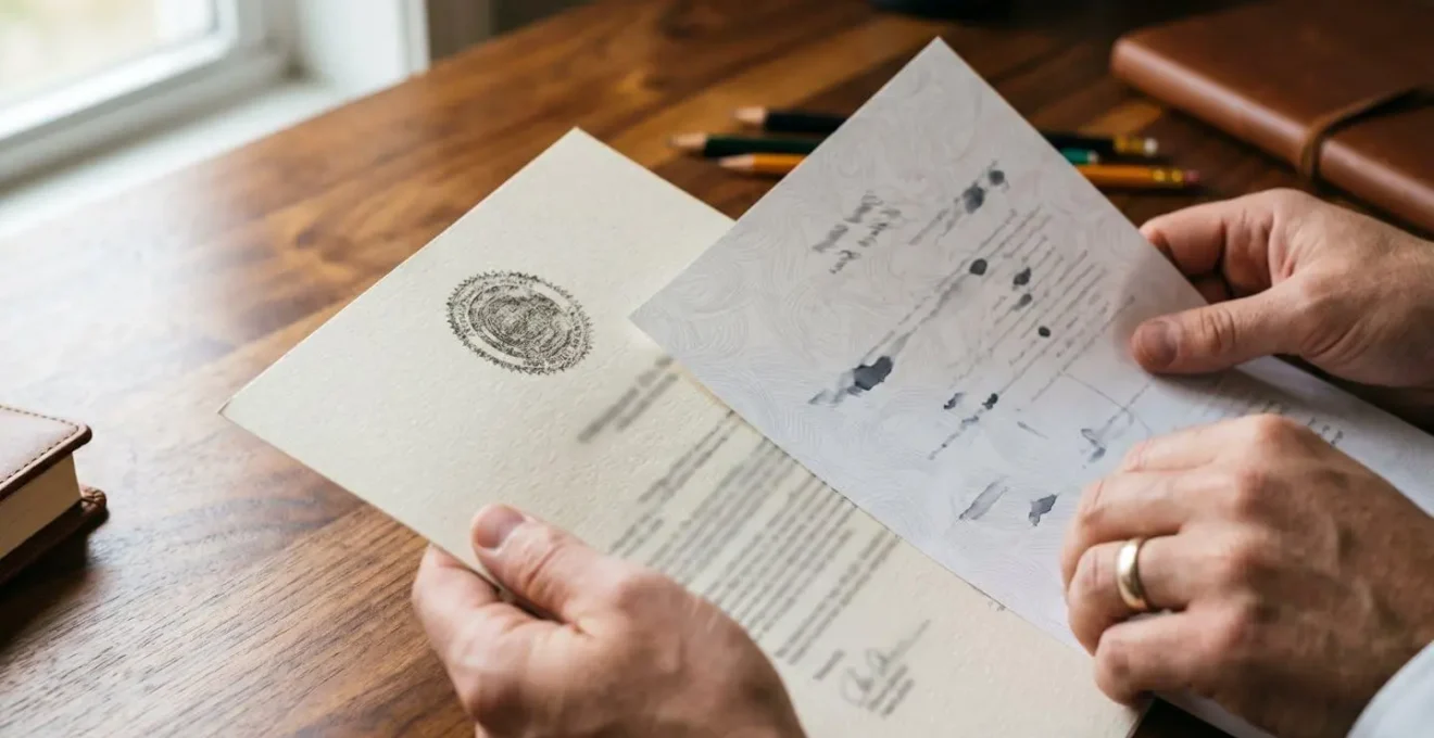 Mani che confrontano documenti catastali con carta d'identità su scrivania