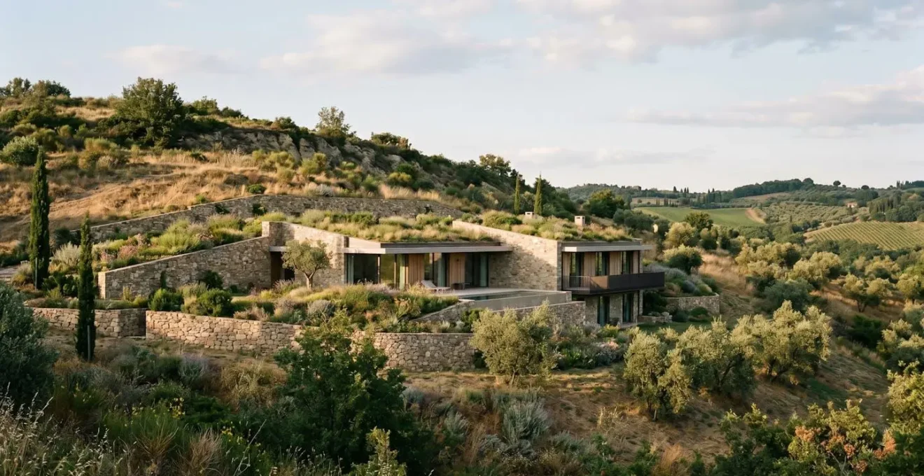 Villa contemporanea costruita sotto la linea di crinale che preserva il profilo naturale della collina