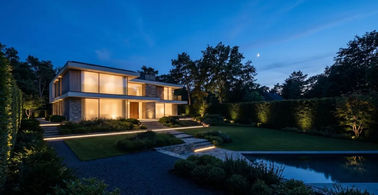 Vista notturna di una villa con illuminazione strategica che protegge la privacy senza compromettere la sicurezza