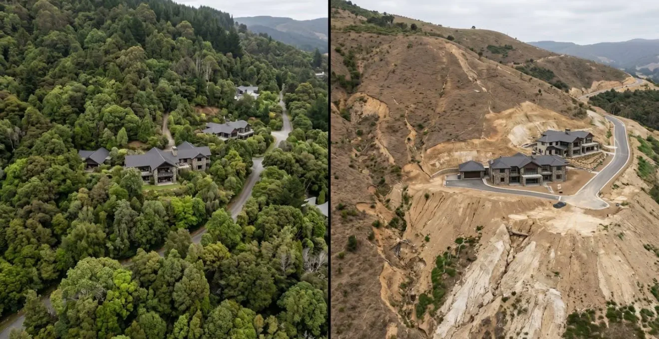 Confronto aereo tra villa con vegetazione preservata e villa su collina disboscata con erosione visibile