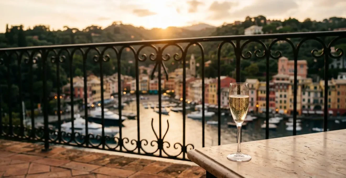 Terrazzo panoramico con vista sul porto di Portofino al tramonto