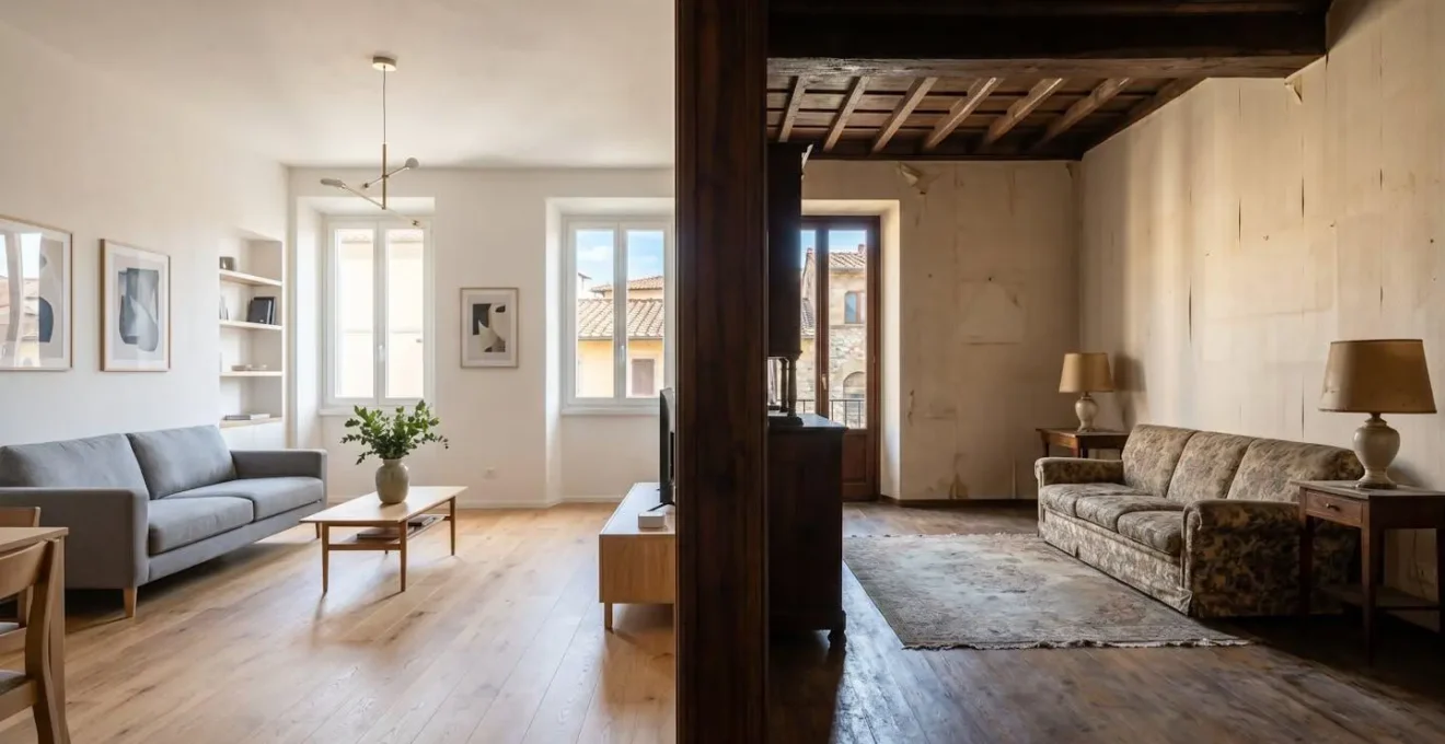 Confronto visivo tra appartamento moderno ristrutturato e appartamento originale da ristrutturare
