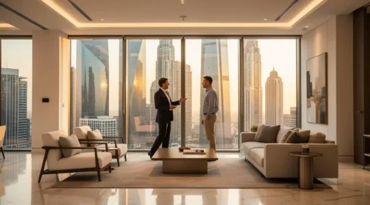 Investitore e agente immobiliare discutono all'interno di un appartamento di lusso a Dubai con vista panoramica sullo skyline della città