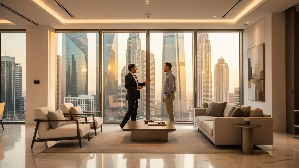 Investitore e agente immobiliare discutono all'interno di un appartamento di lusso a Dubai con vista panoramica sullo skyline della città