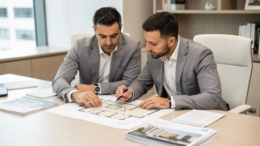 Investitore e consulente immobiliare esaminano planimetrie e documentazione di proprietà su una scrivania in un ufficio a Dubai