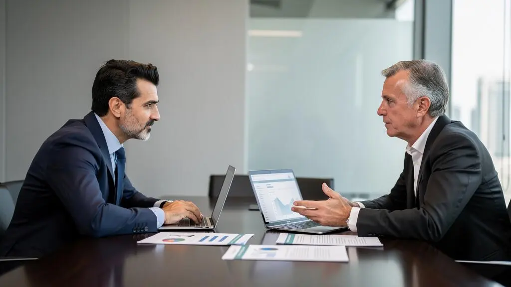 Consulente fiscale specializzato e investitore in riunione professionale discutono gli aspetti legali della Golden Visa UAE in un ufficio a Dubai