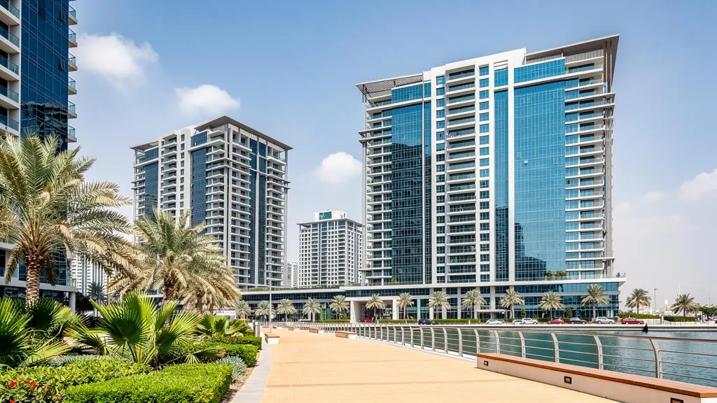 Torri residenziali di lusso nel quartiere Dubai Marina con facciate moderne in vetro e acciaio, circondate da aree paesaggistiche